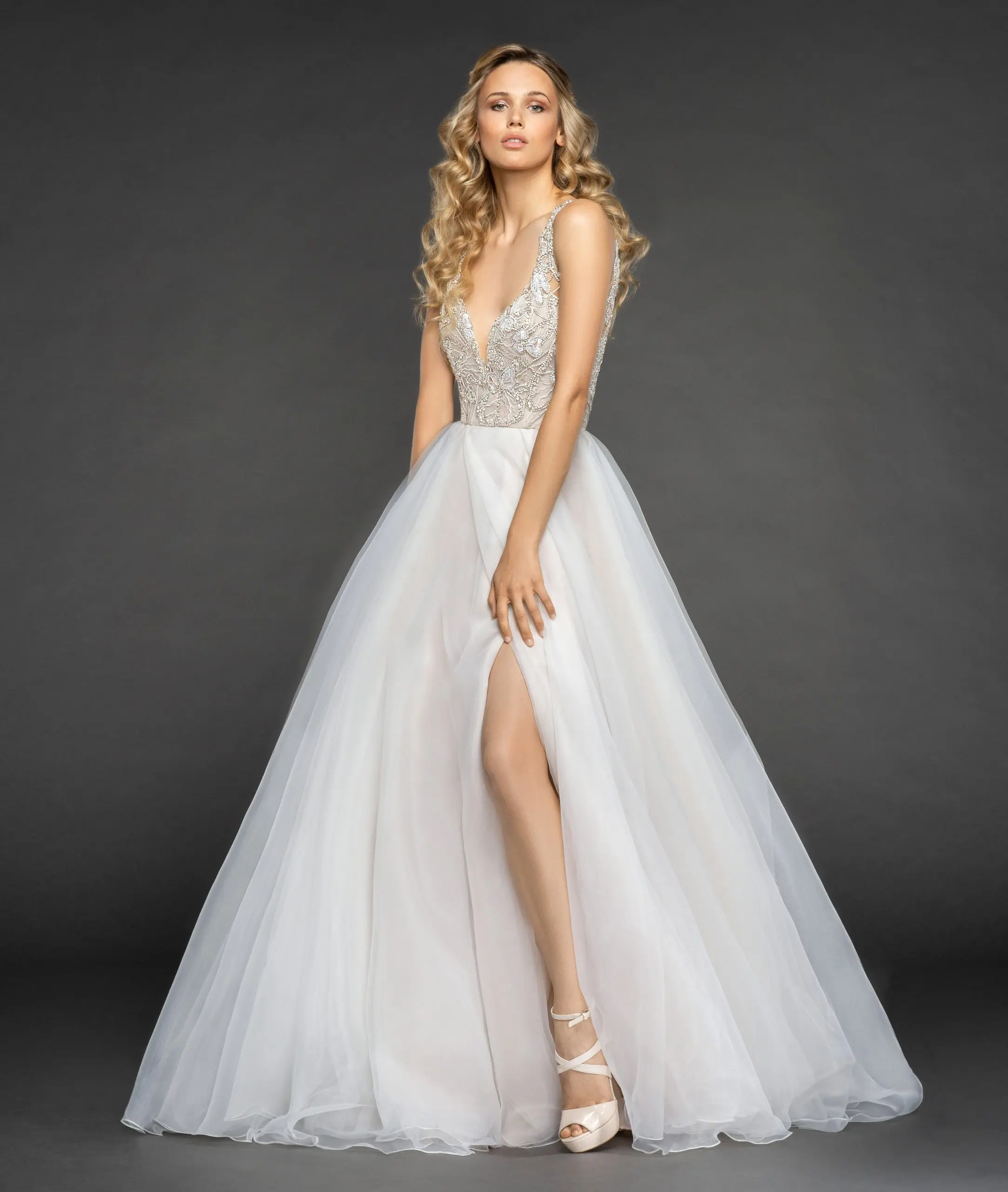Lace A-line Wedding Dress With Deep V-neckline And High Slit