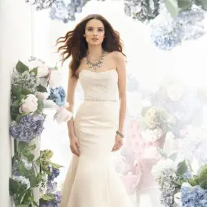 Jim Hjelm 8250 Wedding Dress - Blush Silk Faced Satin Trumpet bridal gown, strapless pearl and crystal embroidered bodice, natural waist accented with crystal trim.