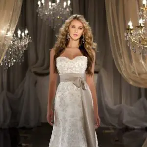 Martina Liana 419 Wedding Dress Sample Sale - Fit and flare with sweetheart neckline, Swarovski crystal, lace up or zipper back and grosgrain ribbon sash.