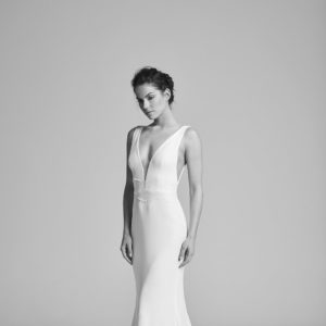 Suzanne Neville Pandora Wedding Dress Sample Sale - Beautiful fit and flare style with fitted crepe fabric, deep v-neckline and lace detail around waist.