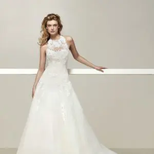 Pronovias Drisara Wedding Dress Sample Sale - A Line with fitted waist, leading up to a halter high neck tied on the back and sweetheart neckline.