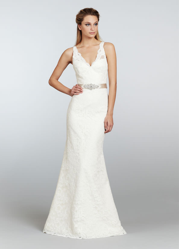 Tara Keely 2306 Wedding Dress – Ivory Alencon lace trumpet gown, V-neckline, Chapel train.