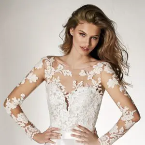Pronovias Atelier Xireia Wedding Top Sample Sale - Spectacular illusion bodice with thread embroidered flowers that blend into the skin for a tattoo effect.