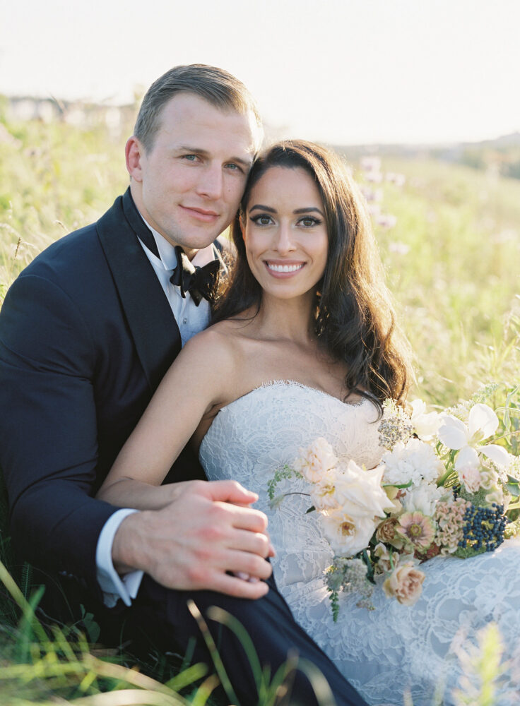 Jasmine & JT Wedding Atelier Real Bride - Suzanne Neville Athena Wedding Dress – Timeless Classic Fit and Flare Bridal Gown with Basque Waist, Strapless Sweetheart Neckline, Corset Detail and, Floral Fabric.