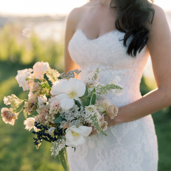 Jasmine & JT Wedding Atelier Real Bride - Suzanne Neville Athena Wedding Dress – Timeless Classic Fit and Flare Bridal Gown with Basque Waist, Strapless Sweetheart Neckline, Corset Detail and, Floral Fabric.