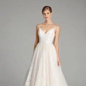Alvina Valenta 9661 Wedding Dress Sample Sale - Cashmere tulle ball gown style dress with delicate floral embroidery, V-neck ballerina bodice and thin straps.