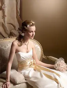 Alvina Valenta 9801 Wedding Dress Sample Sale - Strapless ballgown style dress with a unique yellow sash and a stunning sweetheart neckline with draped bodice.