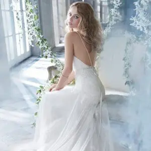 Alvina Valenta 9405 Wedding Dress Sample Sale - Fit and flare dress with English net over charmeuse slim deep “V” neckline, low back and jeweled ribbon at natural waist