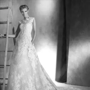 Pronovias Isabella Jacket Sample Sale - Allover lace, sleeveless, high neckline jacket.