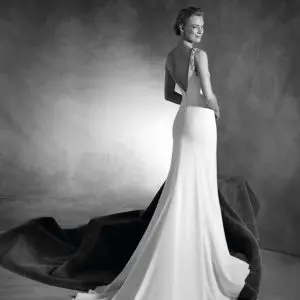 Pronovias Nelly Wedding Dress Sample Sale - Mermaid dress in crepe with delicate drop waist & bateau neckline, low v-back, beaded details and train.