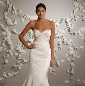 Alvina Valenta 9002 Wedding Dress Sample Sale - Fit and flare faced duchess satin fluted dress with draped strapless sweetheart neckline and empire waist.