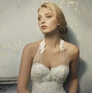 Alvina Valenta 9903 Wedding Dress Sample Sale - Fit and flare style dress with lace appliqués on bodice and stunning illusion halter neckline.