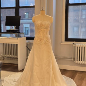 Rosa Clara Noble Wedding Dress Sample Sale - Classic A-Line Bridal Gown with Drop Waist, Strapless Straight Neckline, Bling Detail and Gazar Fabric.