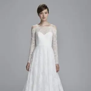 Christos Elana T382 Wedding Dress Sample Sale - Tulle ball gown with a sheer V neck bodice decorated with floral appliques, crystals and thin straps.