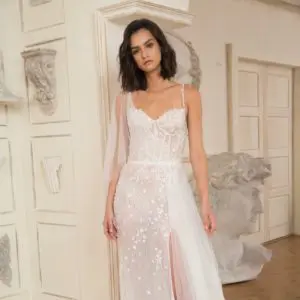 Dany Tabet Luna Wedding Dress - Fit and flare delicate, translucent lightly beaded dress with corset bodice, delicate straps and front slit.