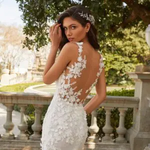Pronovias Josephine Wedding Dress Sample Sale - Mermaid gown featuring clusters of floral 3D appliqué, deep V neckline and illusion open back.