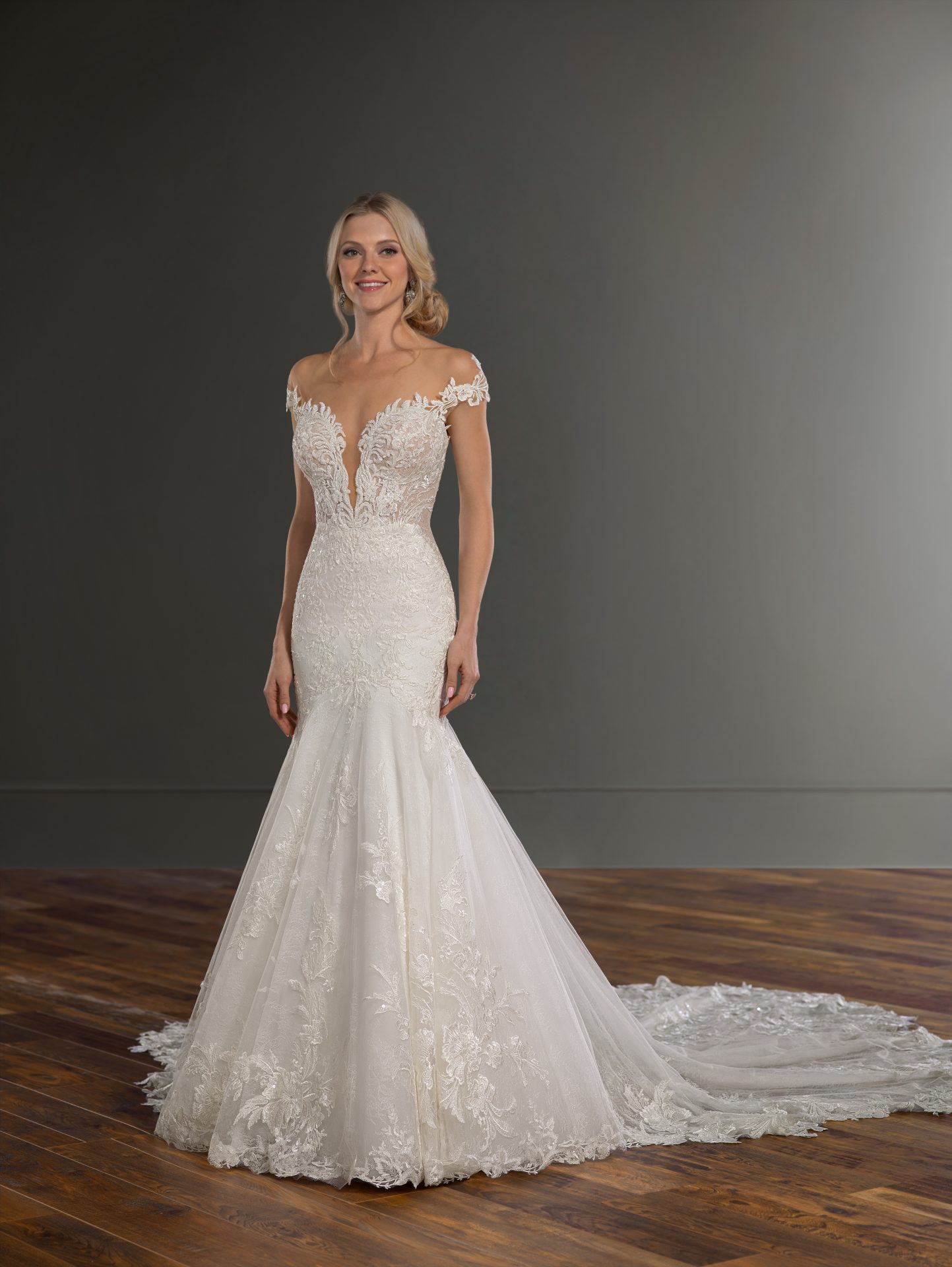 tulle fit and flare wedding dress Casablanca Bridal 4546 Sylvie Mermaid Sweetheart Neckline Tulle Floral Lace Train Wedding Gown 28 / INI main image 1