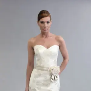 Modern Trousseau Caroline Wedding Dress Sample Sale - Sweetheart strapless A-line with imprinted rose lace, ribbon & flower detail on natural waist