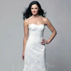 Modern Trousseau Dove Wedding Dress Sample Sale - Fit and flare style dress with delicate floral lace, sweetheart neckline, corset bodice and classic chapel train.