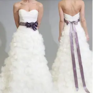 Modern Trousseau Martine Wedding Dress Sample Sale - A-Line style dress in silk with organza rosettes, tulle buds all over skirt and a rouch sweetheart neckline.