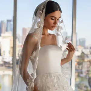 Pronovias Grayson Wedding Dress Sample Sale - Classic Modern Timeless A-Line Bridal Gown with Natural Waist, Straight Strapless Neckline, Illusion Lace Details and, Tulle Fabric