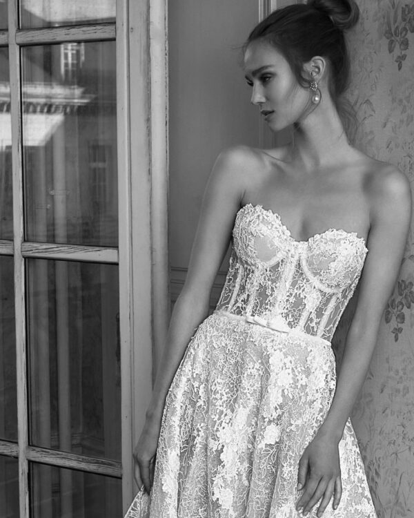 white wedding dress with black lace corset