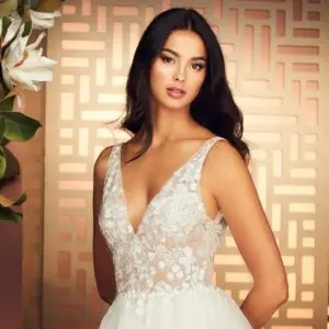 Paloma Blanca 4880 Wedding Dress - Ball gown style dress with embroidery, chantilly lace, V-neckline lined in Nude Italian Tulle, and low V-back.