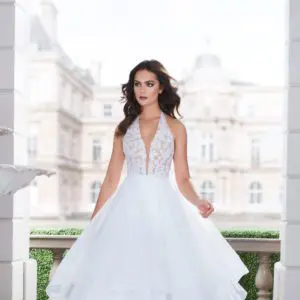 Paloma Blanca 4855 Wedding Down - A Line with organza, Chantilly and French lace, Halter plunging V-neckline, low waist, fitted bodice and low back.