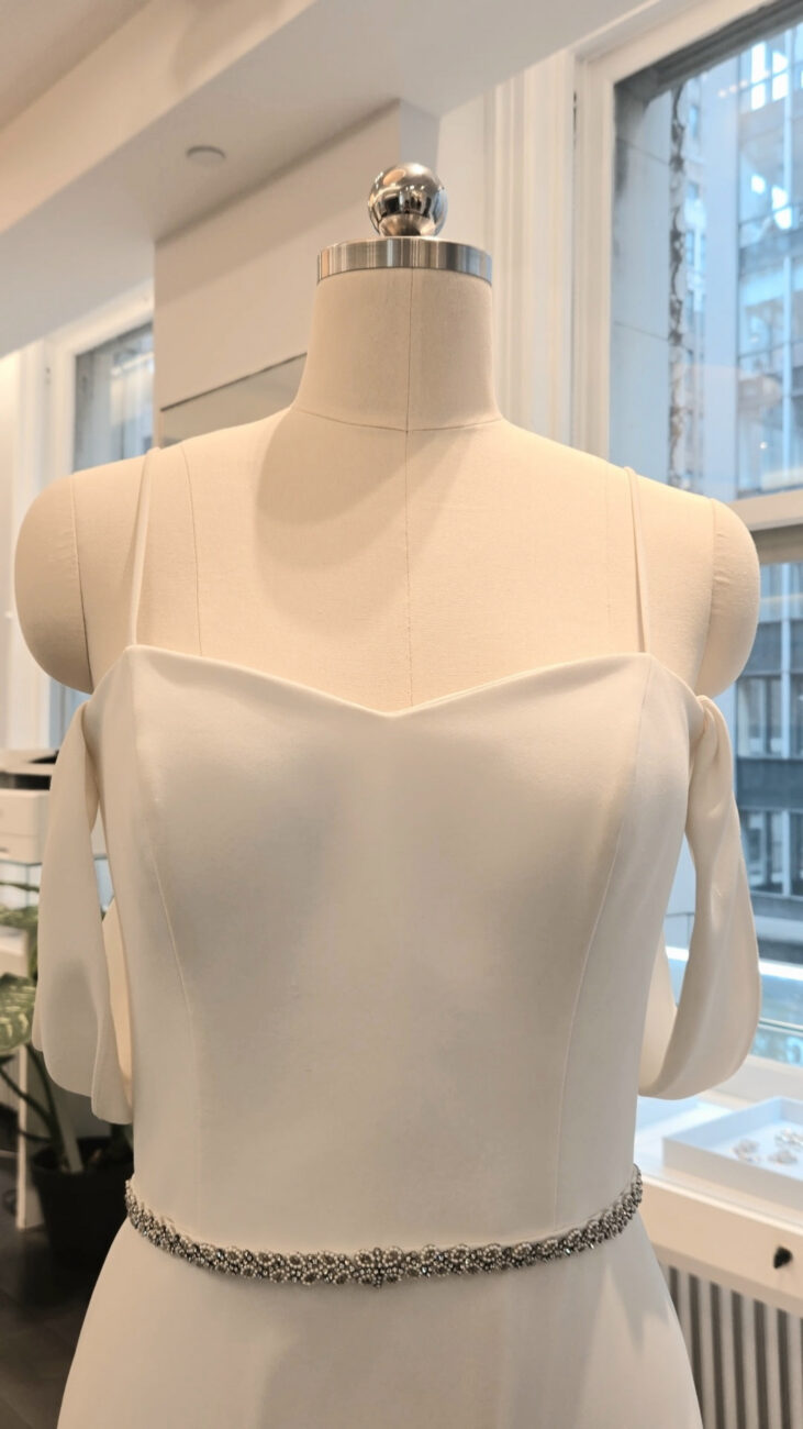 Paloma Blanca 4854 Wedding Dress Sample Sale - Fit and flare with modified sweetheart neckline, spaghetti straps, and draped sleeves. Includes beaded belt.