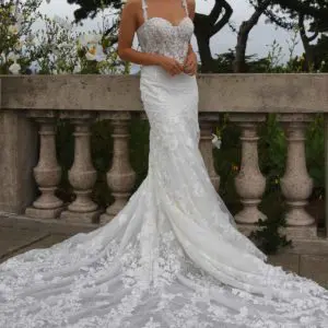 Martina Liana 1384 Wedding Dress Sample Sale - Fit and flare style with sweetheart neckline, see-through corset bodice, thin straps and 3d appliqués.