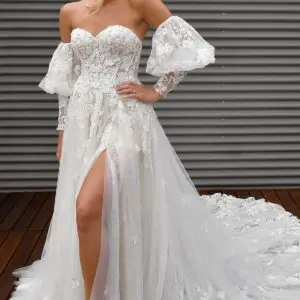 Martina Liana 1419 Wedding Dress — A-line with luxurious lace detachable sleeves, sweetheart neckline, front slit detail and elegant fitted bodice.