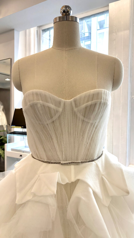 LaPremiere x Inbal Dror Elise Wedding Dress - Princess Bridal Gown with Natural Waist, Sweetheart Strapless Neckline, Pleated, Corset, Bows, Draping Details and, Tulle Fabric CloseUp