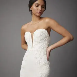 Allison Webb Hollis Wedding Dress - Candlelight Chantilly lace fit and flare gown with a plunging sweetheart strapless neckline and floral beading.