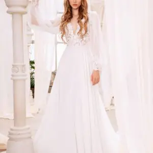 Dany Tabet Martina Wedding Dress - Soft A-line dress with floral embroidered bodice, v-neckline and detachable sheer puff sleeves.