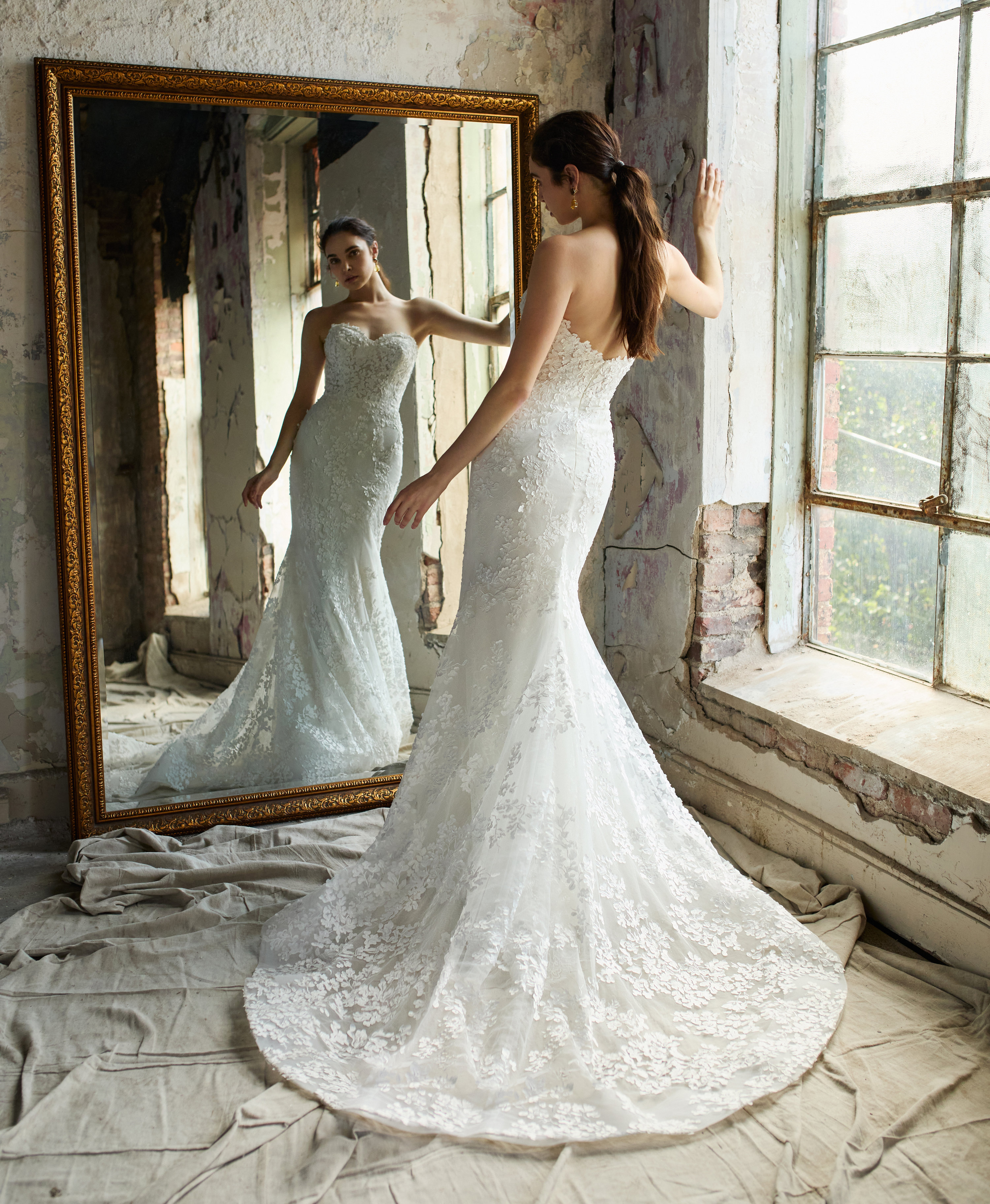 Lazaro Harlow 32205 Wedding Dress - Fit and flare petal embroidered tulle with all over sparkle net, chattily lace, strapless sweetheart neckline and train.