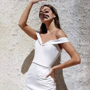 Allison Webb Kennedy 42105 Wedding Dress - Pearl fit to flare dress, rolled sweetheart neckline with off the shoulder straps, and buttons along the zipper.