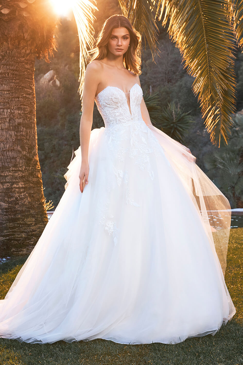 Floral Embroidered Tulle Ballgown with Deep-V Neckline and Open Back