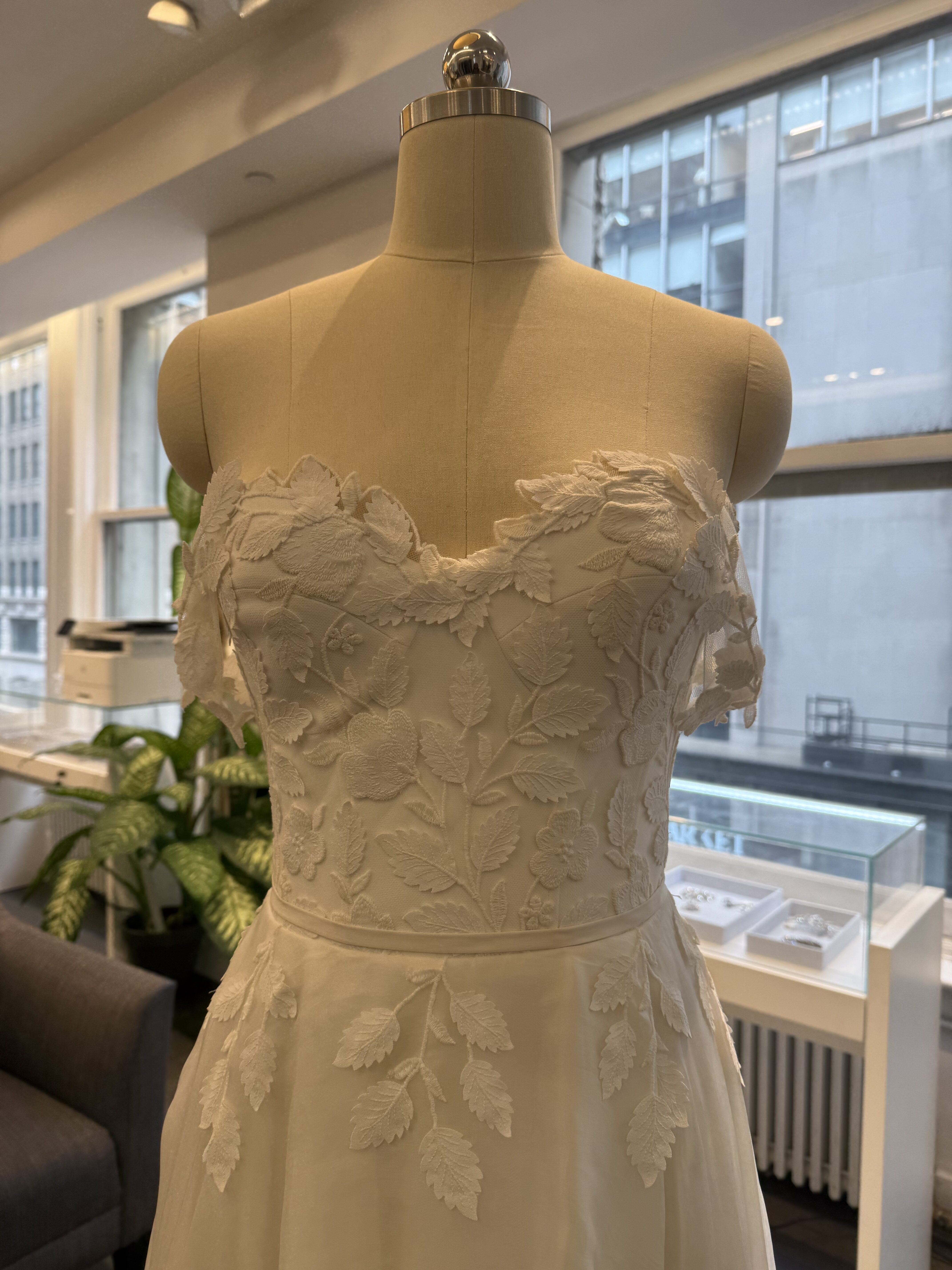 Suzanne Neville Thalasso Wedding Dress - Romantic A-Line Bridal Gown with Natural Waist, Sweetheart Neckline, Off the Shoulder, Embroidery Slit Details in Crepe Organza Fabric