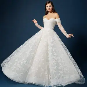 Lazaro Moss 32315 Wedding Dress - Floral embroidered tulle ballgown with off the shoulder, sweetheart neckline, detachable sleeve, and chapel train. 