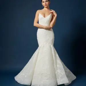 Lazaro 32311 Alexis Wedding Dress - Fit to flare gown with a ballerina V-neckline, thin shoulder strap, natural waist, elongated torso and, chapel train.