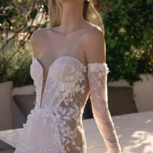 Birenzweig BRC23-01 Lucia Wedding Dress - Deep plunging neckline, low back, hand embroidered flowers, mermaid silhouette and off the shoulder sleeves.