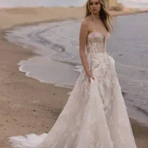 Birenzweig BRC23-02 Annie Wedding Dress - Beach Boho Romantic A-Line Bridal Gown with Natural Waist, Plunging Strapless Neckline, Bling, Corset, Embellished Illusion, 3D Floral Details and, Beaded Fabric.