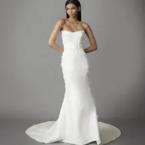 Allison Webb Wedding Dress - Ivory Mikado trumpet-style gown with organically placed beaded, 3D floral lace, natural waist and curved strapless neckline.