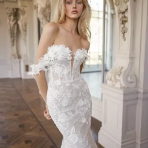 Netta BenShabu Darlene Wedding Dress - Fit and flare, strapless wedding dress with a plunging neckline, off shoulder straps, and 3D floral applique.