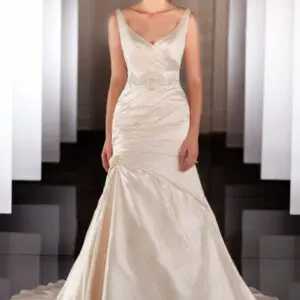 Martina Liana 462 Wedding Dress Sample Sale - Fit and flare with V-neckline, plunging back, ruching bodice and dropped waist. Sash detail.
