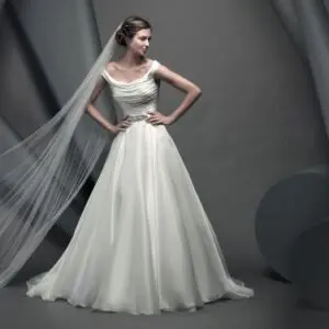 Suzanne Neville Novello Wedding Dress - Ball gown style dress with deep V-Neckline, low back, shoulder straps and waist band.