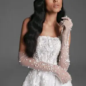 Dany Tabet Elizabeth Wedding Dress Sample Sale - Modern A-Line Bridal Gown with Natural Waist, Square Neckline, Tank Sleeves, Low Back and 3D Floral Embroidery Fabric. Cover