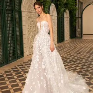 Dany Tabet Tam Wedding Dress - Stunning Ballgown with deep plunging v sweetheart Neckline, 3D Flower appliqué all-over fitted bodice and skirt with train.