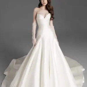 Dany Tabet Dezi Wedding Dress - Fit and flare style with fitted draped bodice, deep sweetheart neckline, drop waist and pleats skirt with cathedral train. 