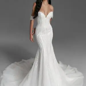 Dany Tabet Veronika Wedding Dress - Fit and flare style with detachable off the shoulder straps, deep sweetheart neckline, all-over beading, cathedral train